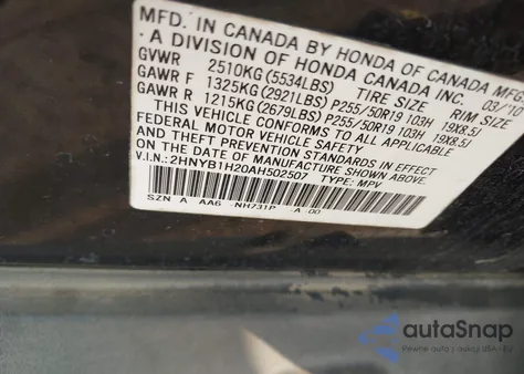 2010 Acura Zdx z USA, uszkodzony, nr VIN 2HNYB1H20AH502507